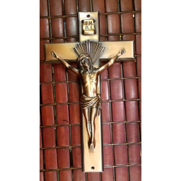 Vintage Parsons Curved Bronze Crucifix Casket Topper14
